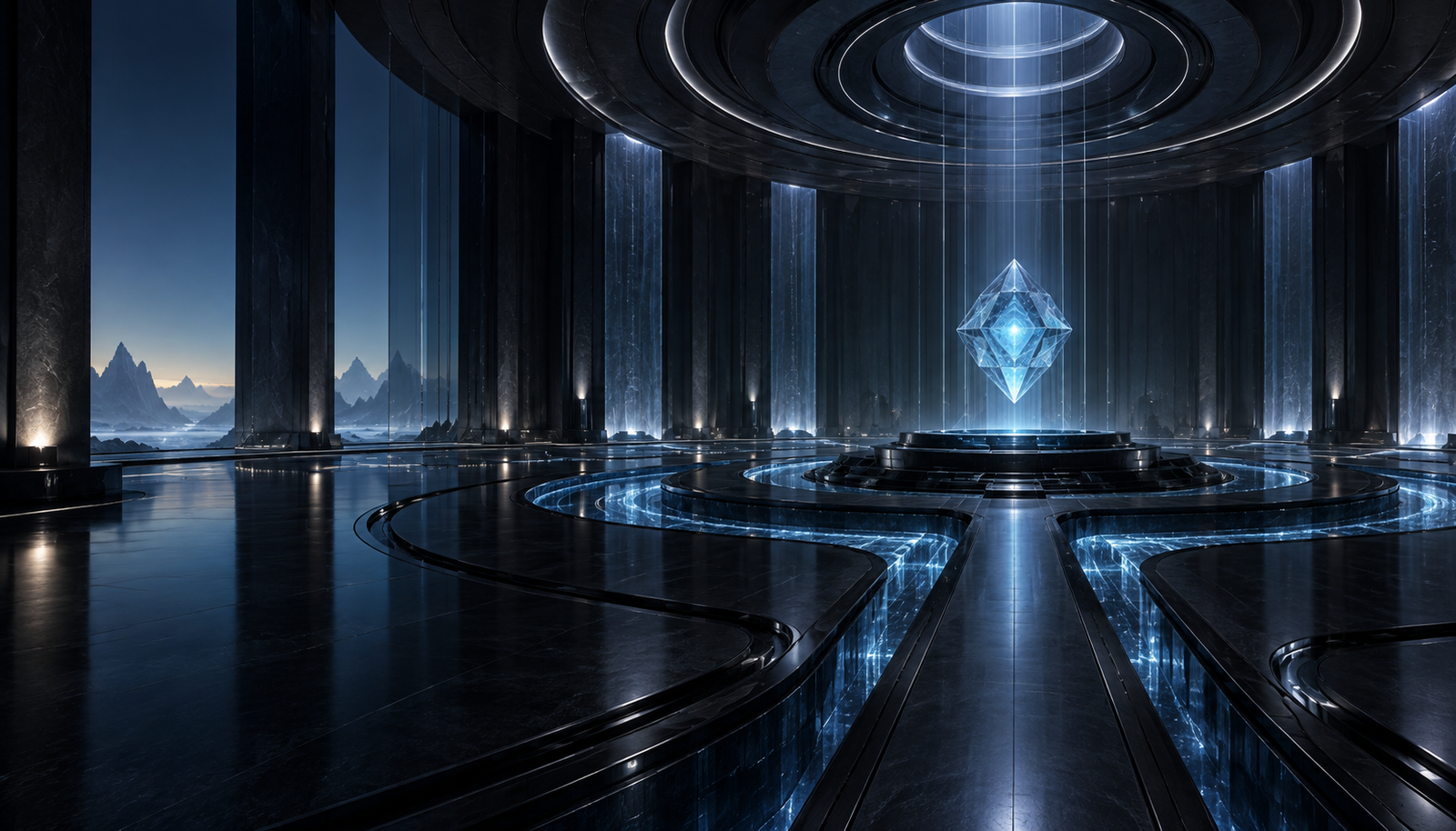 An imagined AI-world security vault with a suspended luminous crystal